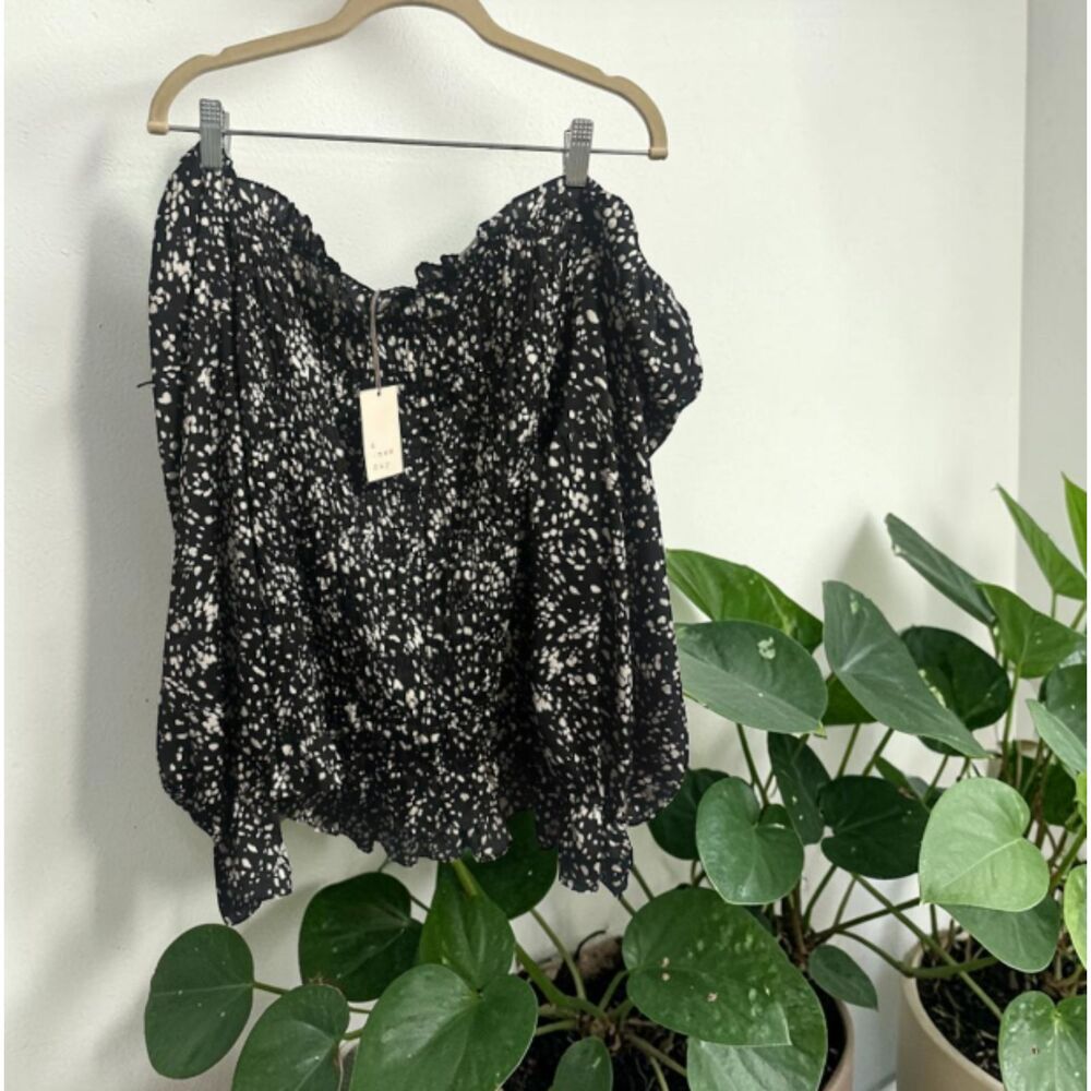 A New Day Black Smocked Long Sleeve Top – Square Neck Floral Print Blouse